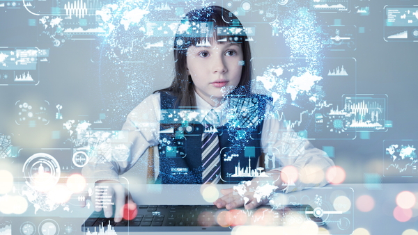 Girl working on computer in background with images in foreground of technology.