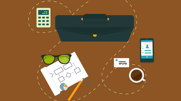 A graphic with a calculator, briefcase, phone, and paperse