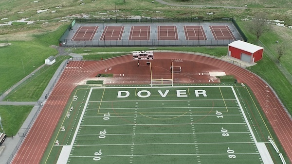 Image from drone of stadium, track, and tennis courts