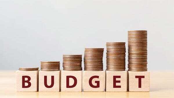 Coins stacked on wooden blocks that  spell out budget