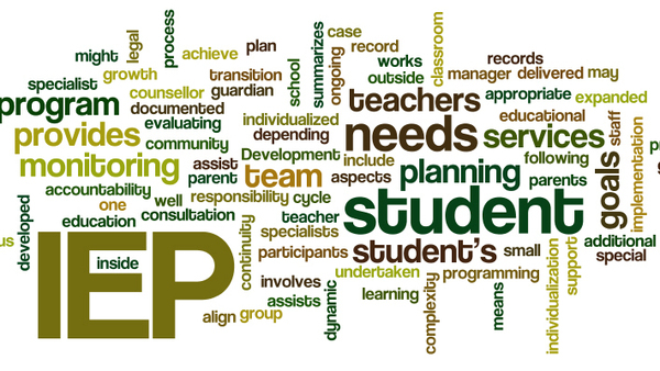 Wordle with special education associated words such as IEP, monitoring, and such