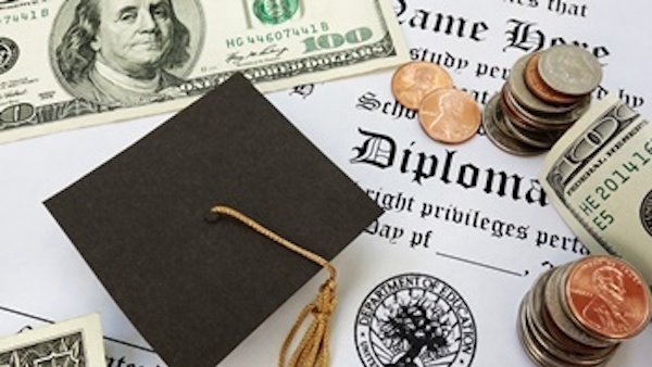 Money and grad cap on top of a diploma