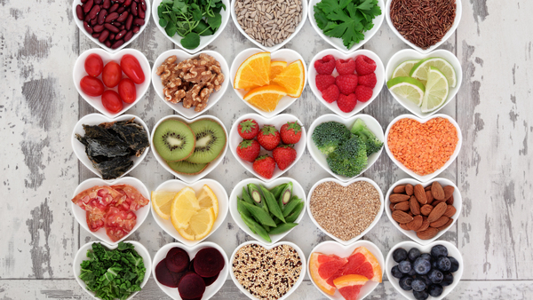 Heart shaped bowls with fruits and vegetables